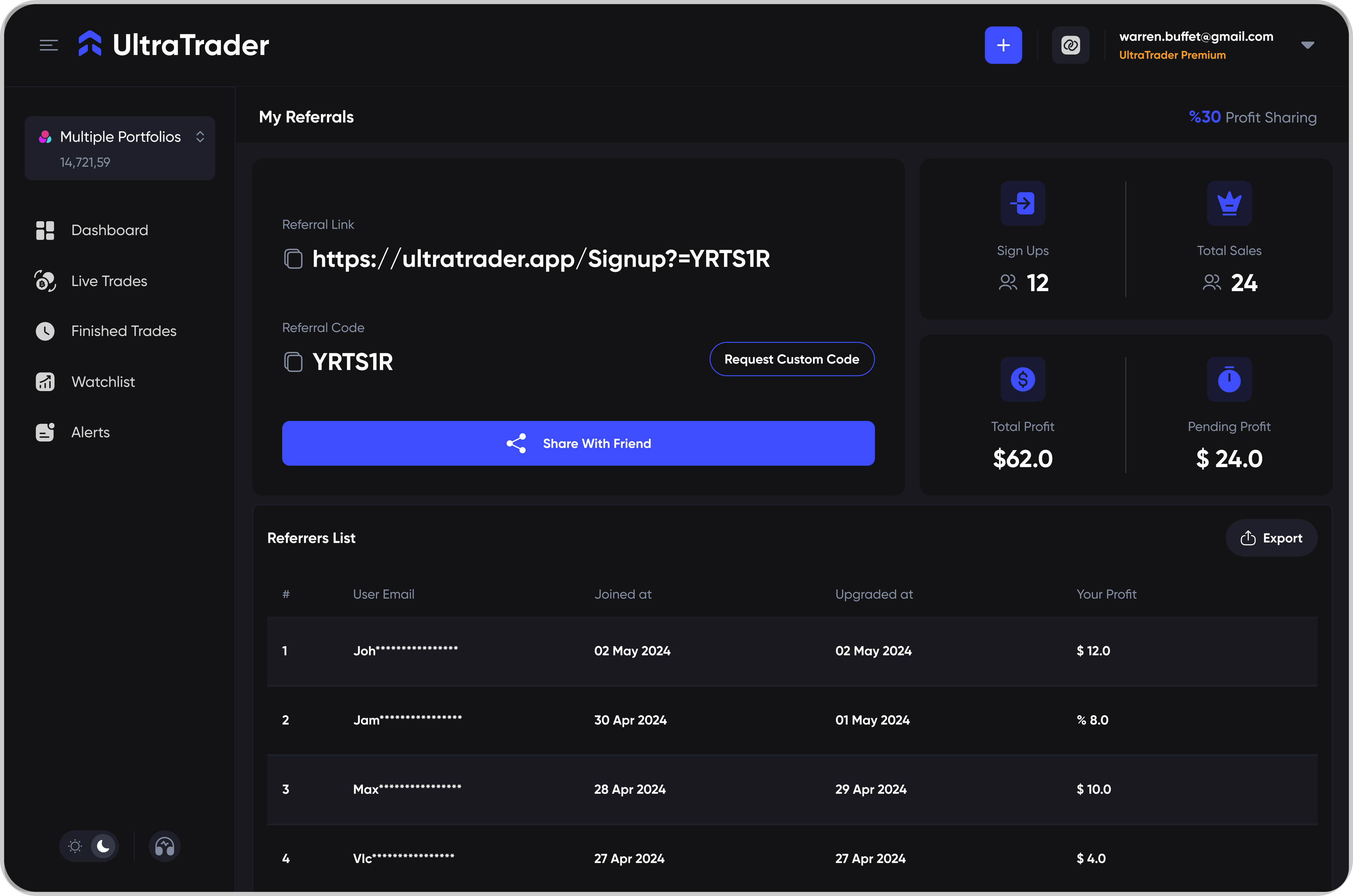 A screenshot of UltraTrader's referral program.